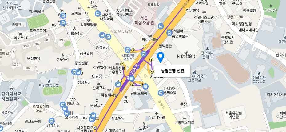 지도-5호선 서대문역 5번 출구에서 광화문사거리 방향으로 걸어서 3분 내외