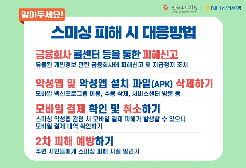 알아두세요!
														스미싱 피해 시 대응방법
														금융회사 콜센터 등을 통한 피해신고
														유출된 개인정보 관련 금융회사에 피해신고 및 지급정지 조치
														악성앱 및 악성앱 설치 파일(APK) 삭제하기
														모바일 백신프로그램 이용, 수동 삭제, 서비스센터 방문 등
														모바일 결제 확인 및 취소하기
														스미싱 악성앱 감염시 모바일 결제 피해가 발생할 수 있으니 모바일 결제 내역 확인하기
														2차 피해 예방하기
														주변 지인들에게 스미싱 피해 사실 알리기