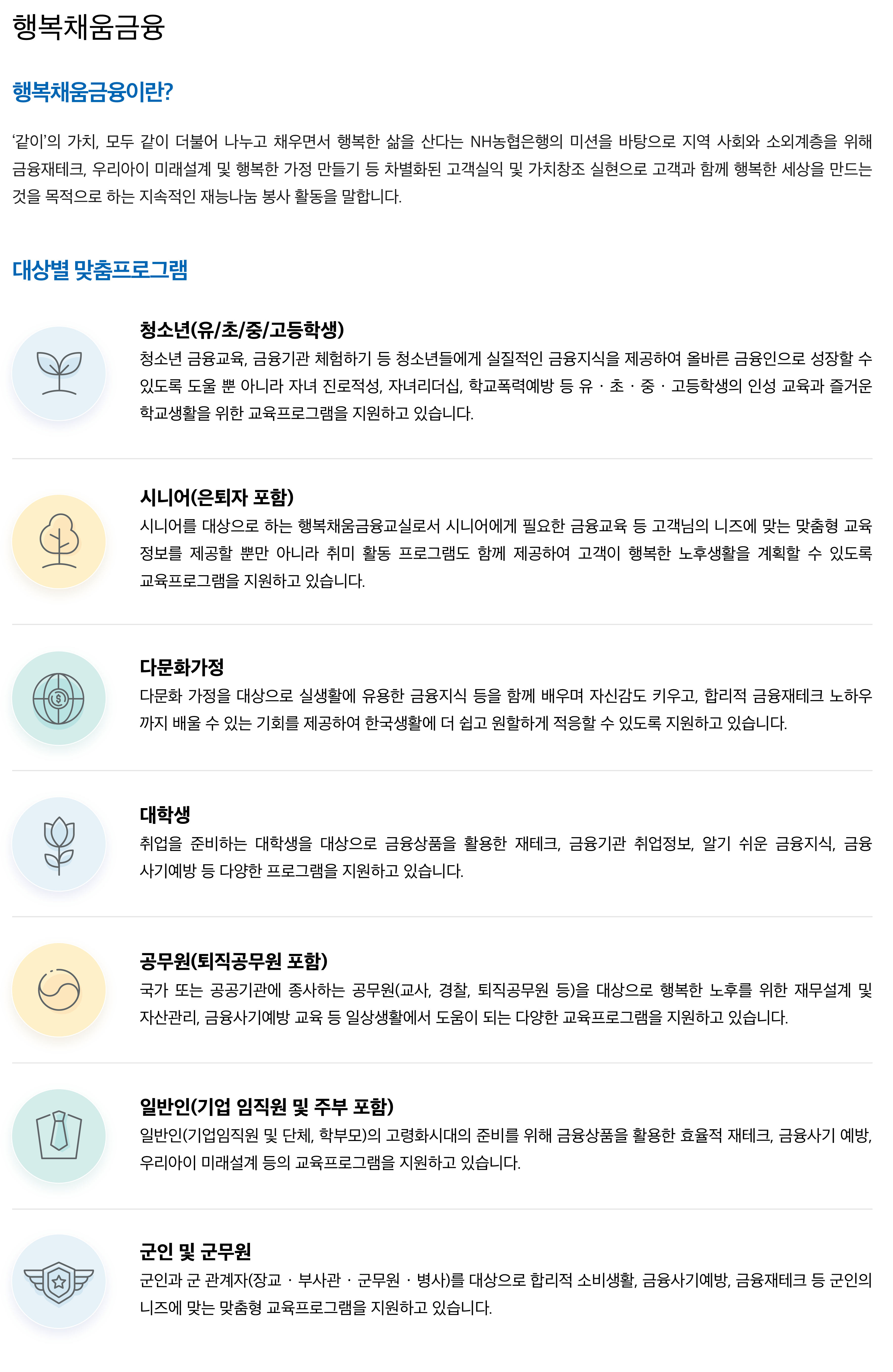  
						[행복채움금융]
						행복채움금융이란?
						‘같이’의 가치, 모두 같이 더불어 나누고 채우면서 행복한 삶을 산다는 NH농협은행의 미션을 바탕으로 지역 사회와 소외계층을 위해 금융재테크, 우리아이 미래설계 및 행복한 가정 만들기 등 차별화된 고객실익 및 가치창조 실현으로 고객과 함께 행복한 세상을 만드는 것을 목적으로 하는 지속적인 재능나눔 봉사 활동을 말합니다.
						
						대상별 맞춤프로그램
						- 청소년(유/초/중/고등학생): 청소년 금융교육, 금융기관 체험하기 등 청소년들에게 실질적인 금융지식을 제공하여 올바른 금융인으로 성장할 수 있도록 도울 뿐 아니라 자녀 진로적성, 자녀리더십, 학교폭력예방 등 유·초·중·고등학생의 인성교육과 즐거운 학교생활을 위한 교육프로그램을 지원하고 있습니다.
						- 시니어(은퇴자 포함): 시니어를 대상으로 하는 행복채움금융교실로서 시니어에게 필요한 금융교육 등 고객님의 니즈에 맞는 맞춤형 교육 정보를 제공할 뿐만 아니라 취미 활동 프로그램도 함께 제공하여 고객이 행복한 노후생활을 계획할 수 있도록 교육프로그램을 지원하고 있습니다.
						- 다문화가정: 다문화 가정을 대상으로 실생활에 유용한 금융지식 등을 함께 배우며 자신감도 키우고, 합리적 금융재테크 노하우까지 배울 수 있는 기회를 제공하여 한국생활에 더 쉽고 원할하게 적응할 수 있도록 지원하고 있습니다.
						- 대학생: 취업을 준비하는 대학생을 대상으로 금융상품을 활용한 재테크, 금융기관 취업정보, 알기 쉬운 금융지식, 금융사기예방 등 다양한 프로그램을 지원하고 있습니다.
						- 공무원(퇴직공무원 포함): 국가 또는 공공기관에 종사하는 공무원(교사, 경찰, 퇴직공무원 등)을 대상으로 행복한 노후를 위한 재무설계 및 자산관리, 금융사기예방 교육 등 일상생활에서 도움이 되는 다양한 교육프로그램을 지원하고 있습니다.
						- 일반인(기업 임직원 및 주부 포함): 일반인(기업임직원 및 단체, 학부모)의 고령화시대의 준비를 위해 금융상품을 활용한 효율적 재테크, 금융사기 예방, 우리아이 미래설계 등의 교육프로그램을 지원하고 있습니다.
						- 군인 및 군무원: 군인과 군 관계자(장교·부사관·군무원·병사)를 대상으로 합리적 소비생활, 금융사기예방, 금융재테크 등 군인의 니즈에 맞는 맞춤형 교육프로그램을 지원하고 있습니다.